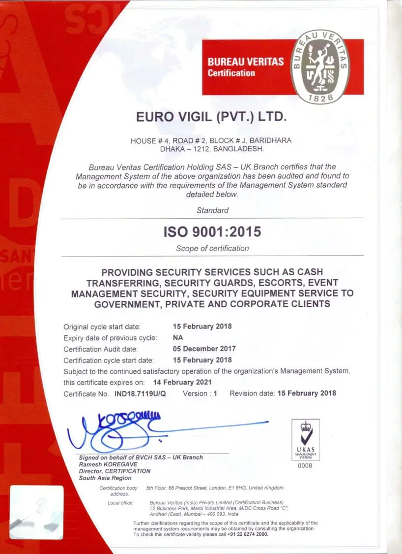 Official Bureau Veritas ISO 9001:2015 Quality Management System Certification for Euro Vigil Pvt. Ltd. Bangladesh